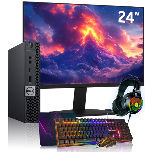 Refurbished - Dell OptiPlex 7050 Micro MFF Desktop PC - 24" Inch FHD Monitor, Core i7-6700T, 16GB DDR4 RAM, 256GB SSD, RGB Headset, RGB Keyboard &
