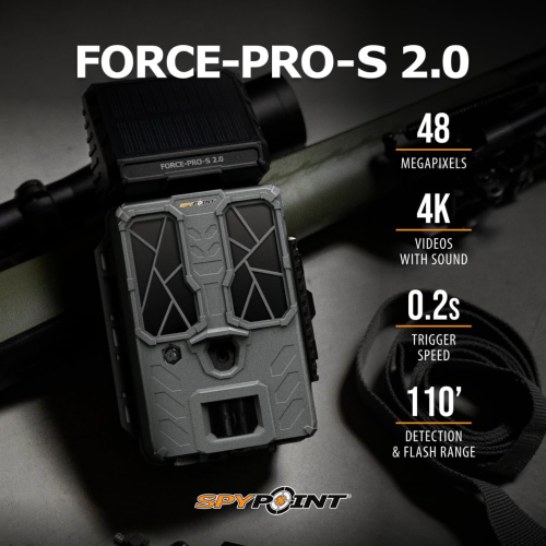 SPYPOINT Force-PRO-S 2.0 Solar Trail Camera, Non-Cellular, Integrated Solar Panel, 0.2S Trigger Speed,110 ft Detection Range, 4K/2K/1080p Video