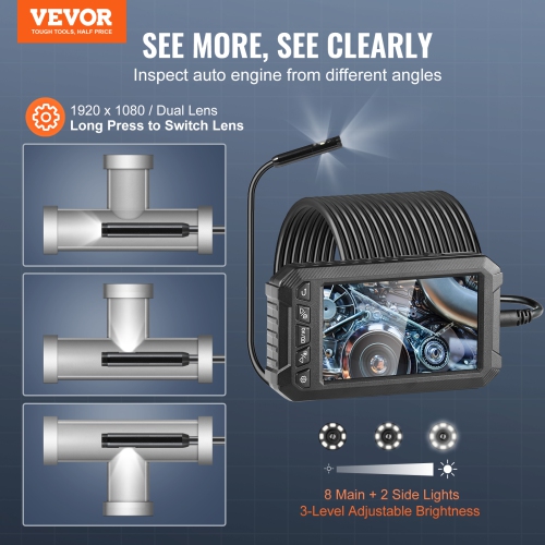 VEVOR 32GB Triple Lens Endoscope Camera with Light,with 49.2FT Semi-Rigid Cable,5" Screen 1080P Inspection Camera,8 + 2 LED Lights, IP67 Waterproof