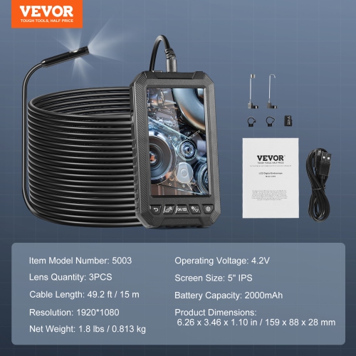 VEVOR 32GB Triple Lens Endoscope Camera with Light,with 49.2FT Semi-Rigid Cable,5" Screen 1080P Inspection Camera,8 + 2 LED Lights, IP67 Waterproof