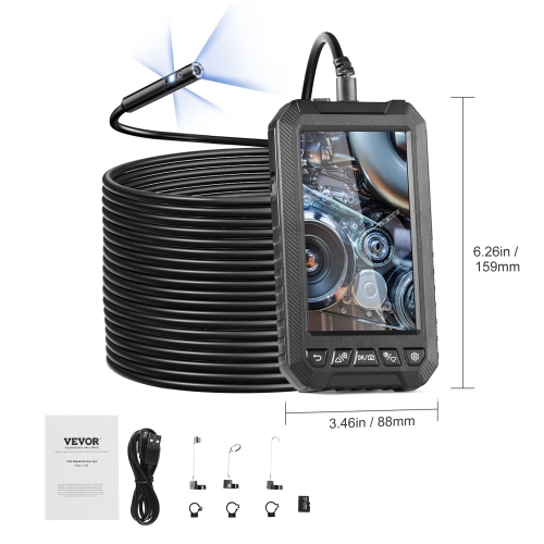 VEVOR 32GB Triple Lens Endoscope Camera with Light,with 49.2FT Semi-Rigid Cable,5" Screen 1080P Inspection Camera,8 + 2 LED Lights, IP67 Waterproof