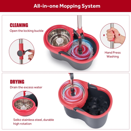 Spin Mop and Bucket Set, Floor Cleaning Set with 1 Extra Mop Head, Detachable Spinning Basket and Easy Wring 360°Magic Mop, Swivel Wet and Dry Mop