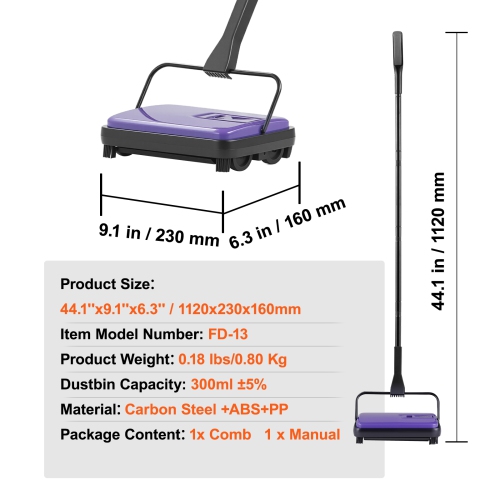 VEVOR 300 ml Capacity Floor Sweeper Dustbin, Easy to Empty, 6.7 inch Cleaning Width for Home Office Carpets Pet Hair Dust, Purple