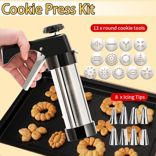 Cookie Stamper Set with 8 Piping Nozzles and 13 Cookie Trays for DIY Christmas Cookie Making