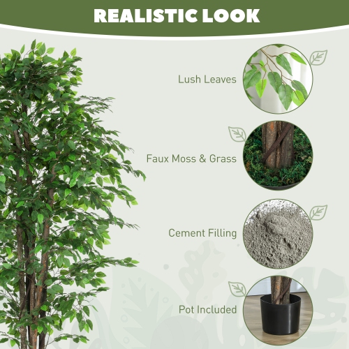 HOMCOM 8ft Tall Artificial Tree, Silk Ficus Tree with 2520 Leaves in Pot, Decorative Fake Plant for Home, Office, and Living Room, Green