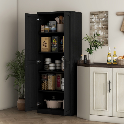 HOMCOM 63" Kitchen Pantry Cabinet with Shaker Doors, Modern Freestanding Tall Buffet Storage Cabinet with Adjustable Shelves, Black