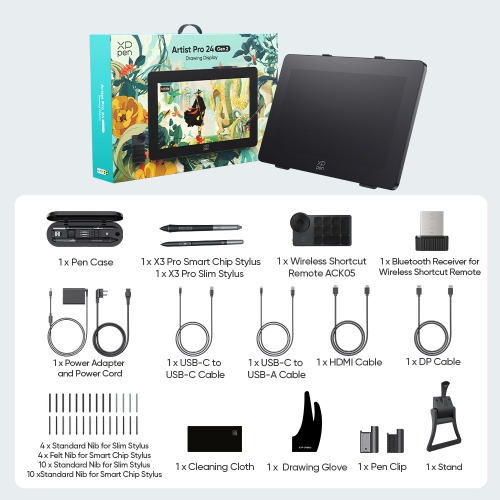 XPPen 23.8'' Large Drawing Monitor Graphic Tablet with 16384 Pen Pressure Stylus Wireless Keyboard