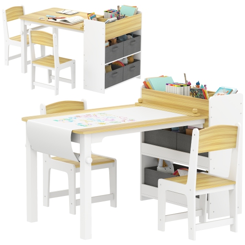 Qaba Kids Table and Chair Set with Paper Roll, Toddler Table and Chair Set with Storage Shelves and Drawers, Art Craft Table for Drawing Writing Aged