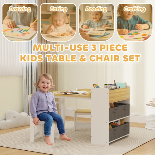 Qaba Kids Table and Chair Set with Paper Roll, Toddler Table and Chair Set with Storage Shelves and Drawers, Art Craft Table for Drawing Writing Aged