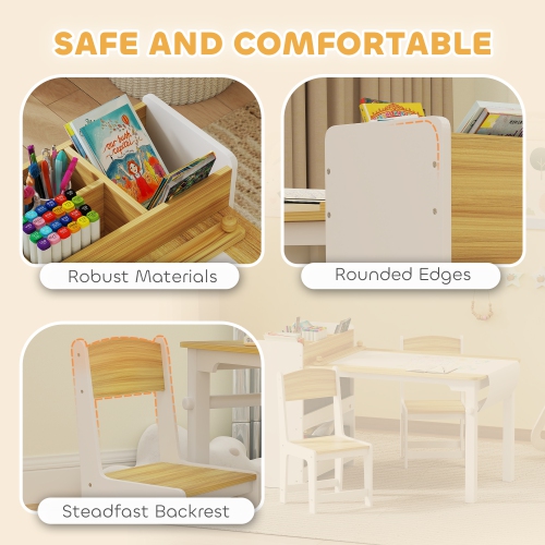 Qaba Kids Table and Chair Set with Paper Roll, Toddler Table and Chair Set with Storage Shelves and Drawers, Art Craft Table for Drawing Writing Aged