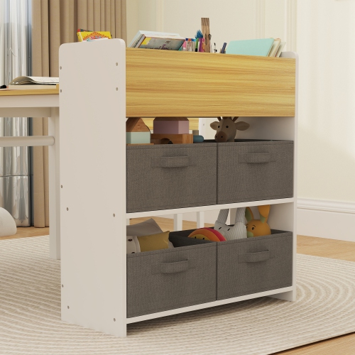 Qaba Kids Table and Chair Set with Paper Roll, Toddler Table and Chair Set with Storage Shelves and Drawers, Art Craft Table for Drawing Writing Aged