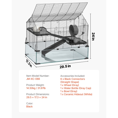 VEVOR 29.5 x 17.3 x 24 inHamster Cage, 360° Viewing Transparent, Small Animal Cage, Ventilated Pet Mouse Cages with Water Bottle, Portable Hamster