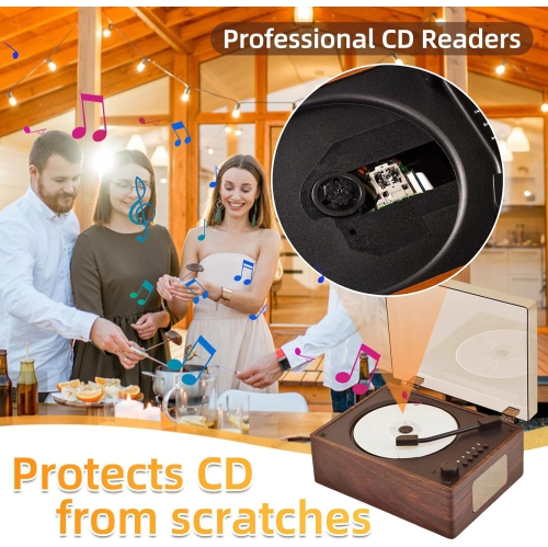 Retro Multi-Function CD Player, Portable Antique Leather Case Bluetooth Speaker Hi-Fi Album Music Gift - Wood Grain Brown