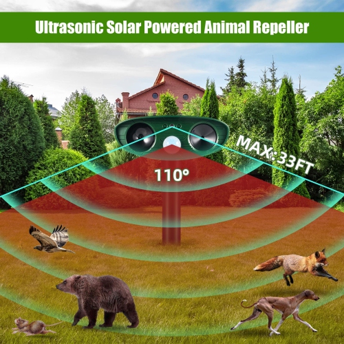 2 Pack Solar Ultrasonic Animal Repeller Outdoor, Repellent Devices Waterproof Motion Activated for Yard Garden Lawn, Defender Rat, Squirrel, Deer
