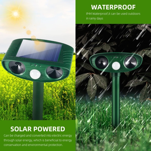 2 Pack Solar Ultrasonic Animal Repeller Outdoor, Repellent Devices Waterproof Motion Activated for Yard Garden Lawn, Defender Rat, Squirrel, Deer