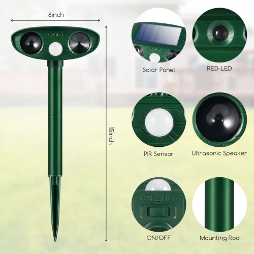 2 Pack Solar Ultrasonic Animal Repeller Outdoor, Repellent Devices Waterproof Motion Activated for Yard Garden Lawn, Defender Rat, Squirrel, Deer