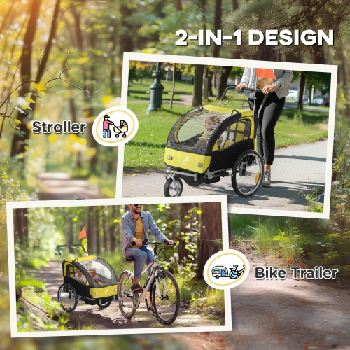 Aosom 2-Seat Bike Trailer for Kids, 2-in-1 Baby Stroller Bicycle Trailer with 5-Point Harness, Rubber Wheels, Windproof Curtain, Storage Bag, Safety