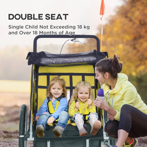 Aosom 2-Seat Bike Trailer for Kids, 2-in-1 Baby Stroller Bicycle Trailer with 5-Point Harness, Rubber Wheels, Windproof Curtain, Storage Bag, Safety