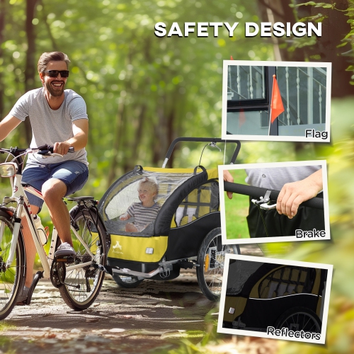 Aosom 2-Seat Bike Trailer for Kids, 2-in-1 Baby Stroller Bicycle Trailer with 5-Point Harness, Rubber Wheels, Windproof Curtain, Storage Bag, Safety
