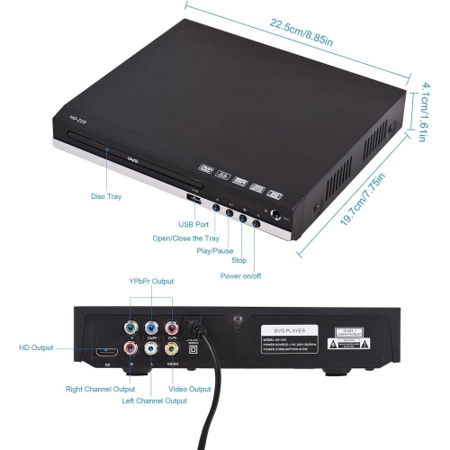 Lecteur DVD, lecteur CD maison avec sorties HD/AV/coaxiales et entrée USB, téléviseur compatible 1080P, câble HDMI/AV et télécommande pour projecteur