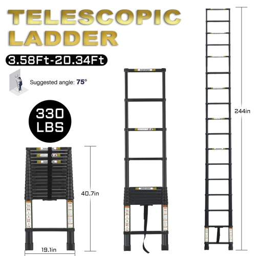 Coolse 10.5FT Telescoping Ladder - Heavy Duty Aluminum, 330lb Capacity, Non-Slip Feet for Roof/Attic/RV