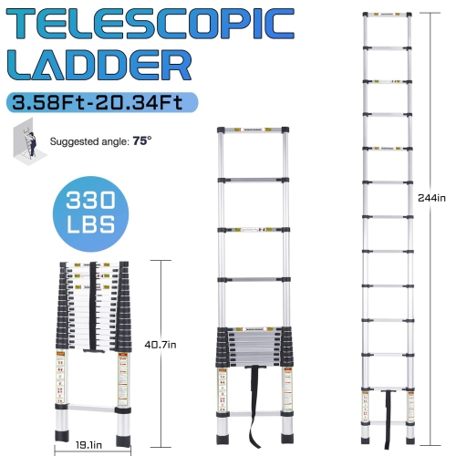 Coolse 10.5FT Telescoping Ladder - Heavy Duty Aluminum, 330lb Capacity, Non-Slip Feet for Roof/Attic/RV