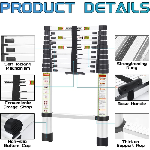 Coolse 10.5FT Telescoping Ladder - Heavy Duty Aluminum, 330lb Capacity, Non-Slip Feet for Roof/Attic/RV