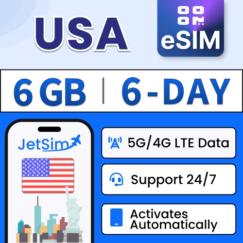 Jetsim USA SIM QR Code, 6GB of High-Speed Data, No Activation Required, Uses AT&T Network