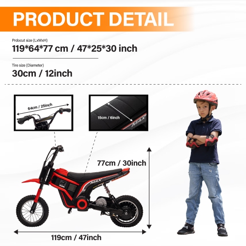 Moto tout-terrain électrique améliorée VOLTZ TOYS pour enfants, moteur 350 W 24 V, accélérateur à main Max 24 km/h et levier de frein.