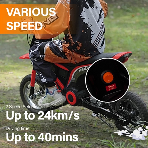 Moto tout-terrain électrique améliorée VOLTZ TOYS pour enfants, moteur 350 W 24 V, accélérateur à main Max 24 km/h et levier de frein.