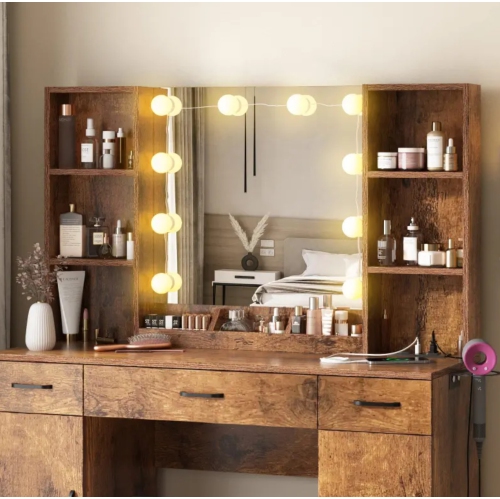 Coiffeuse avec miroir LED illuminé et tableau électrique, grand ensemble de dressing avec beaucoup d'espace de rangement, 3 modes d'éclairage,