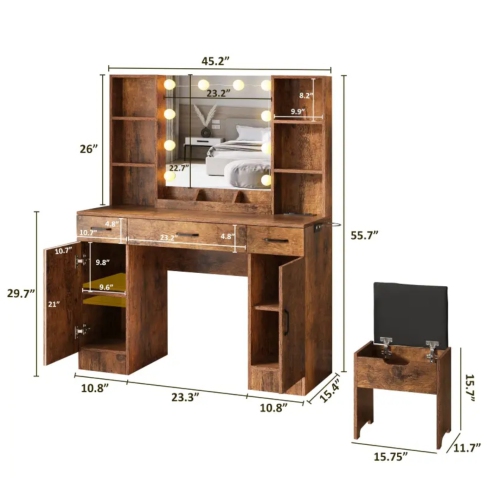 Coiffeuse avec miroir LED illuminé et tableau électrique, grand ensemble de dressing avec beaucoup d'espace de rangement, 3 modes d'éclairage,