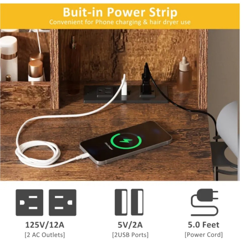 Coiffeuse avec miroir LED illuminé et tableau électrique, grand ensemble de dressing avec beaucoup d'espace de rangement, 3 modes d'éclairage,