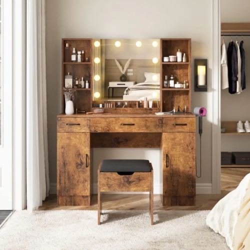 Coiffeuse avec miroir LED illuminé et tableau électrique, grand ensemble de dressing avec beaucoup d'espace de rangement, 3 modes d'éclairage,