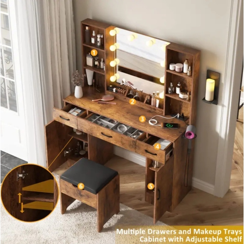 Coiffeuse avec miroir LED illuminé et tableau électrique, grand ensemble de dressing avec beaucoup d'espace de rangement, 3 modes d'éclairage,