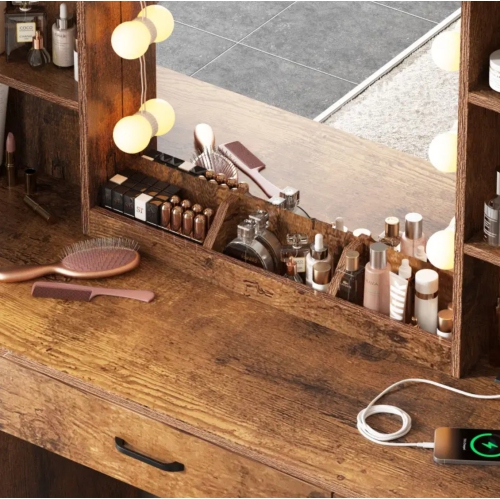 Coiffeuse avec miroir LED illuminé et tableau électrique, grand ensemble de dressing avec beaucoup d'espace de rangement, 3 modes d'éclairage,