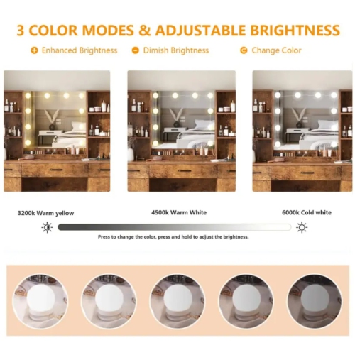 Coiffeuse avec miroir LED illuminé et tableau électrique, grand ensemble de dressing avec beaucoup d'espace de rangement, 3 modes d'éclairage,