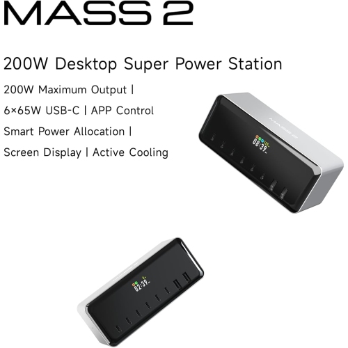 ISDT MASS2 200W Desktop Super Power Station, 200W Output, 6 USB-C Ports, APP Control, Smart Power Allocation, Screen Display, Active Cooling