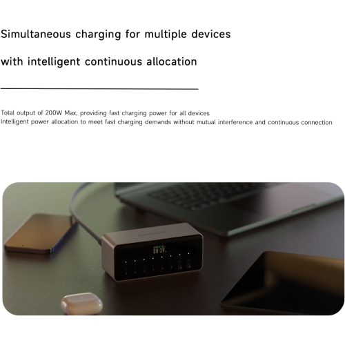 ISDT MASS2 200W Desktop Super Power Station, 200W Output, 6 USB-C Ports, APP Control, Smart Power Allocation, Screen Display, Active Cooling