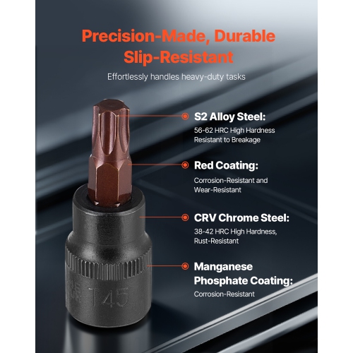 VEVOR 31-Piece Torx Bit Socket and External Set, T8-T70 and E4-E24, S2 Alloy Steel and Cr-V Steel, 1/4 in, 3/8 in, and 1/2 in Drives, with Adapter