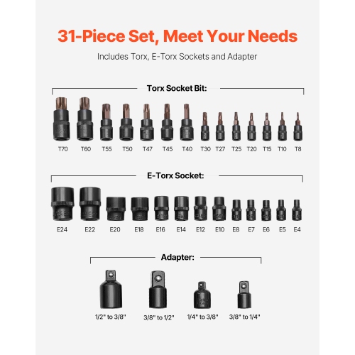 VEVOR 31-Piece Torx Bit Socket and External Set, T8-T70 and E4-E24, S2 Alloy Steel and Cr-V Steel, 1/4 in, 3/8 in, and 1/2 in Drives, with Adapter