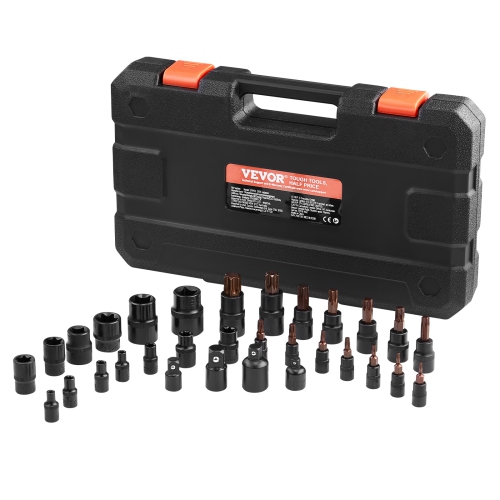 VEVOR 31-Piece Torx Bit Socket and External Set, T8-T70 and E4-E24, S2 Alloy Steel and Cr-V Steel, 1/4 in, 3/8 in, and 1/2 in Drives, with Adapter