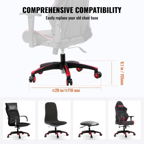 VEVOR 28" Office Chair Base Replacement, 2500 lbs Static Load, Computer Desk Chair Stool Base Part with 5 Casters and Reinforced Legs, Desk Chair