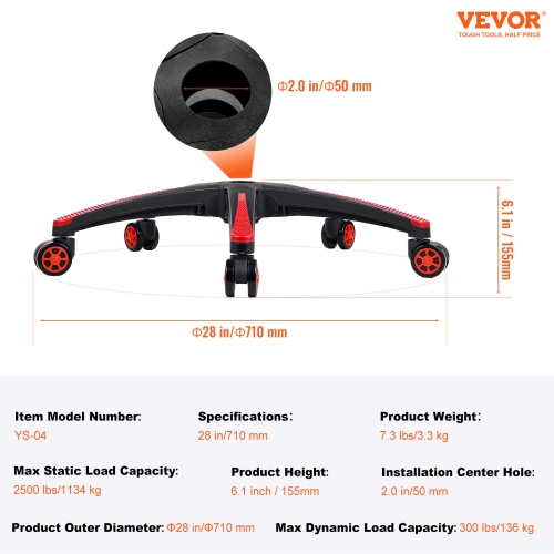 VEVOR 28" Office Chair Base Replacement, 2500 lbs Static Load, Computer Desk Chair Stool Base Part with 5 Casters and Reinforced Legs, Desk Chair