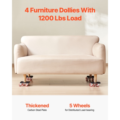 VEVOR 1200 lbs Load Furniture Dolly, Furniture Movers with 5 360° Rotation Wheels, Carbon Steel Panel, Furniture Lift Slider Tool Set for Appliances,