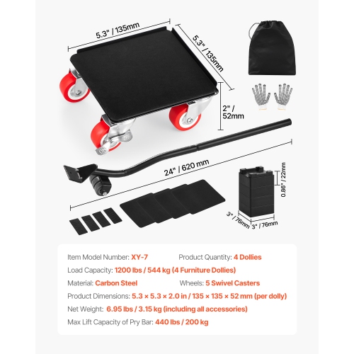 VEVOR 1200 lbs Load Furniture Dolly, Furniture Movers with 5 360° Rotation Wheels, Carbon Steel Panel, Furniture Lift Slider Tool Set for Appliances,