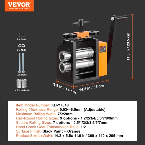 VEVOR 2.95"/75 mm Jewelry Rolling Mill Machine,1: 2 Gear Ratio, 3-in-1 Multi-function Rolling Mill,0.03-6.5mm Press Thickness for Metal Jewelry