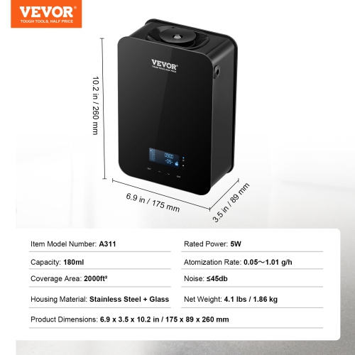 VEVOR 180ml Scent Air Machine, Bluetooth Smart Essential Oil Diffuser, 2000sq. ft Waterless HVAC Scent Diffuser with Cold Air Technology,