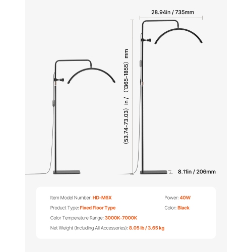 VEVOR 23 inch Dimmable LED Floor Lamp Lash Light for for Esthetician Eyelash Extensions,Arched Eyelash Lamp with Phone Holder,Remote Control,for