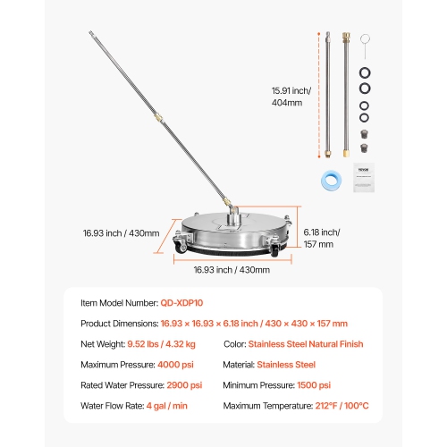 VEVOR 16.5" Surface Cleaner, Stainless Steel Pressure Washer Attachments with 4 Wheels,4000 Max PSI,1/4 Quick Connector,2 Spray Nozzles, 2 Extended